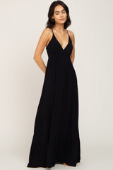 Black Deep V-Neck Back Tie Maxi Dress