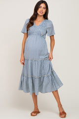 Blue Gingham Print Smocked Tiered Maternity Midi Dress