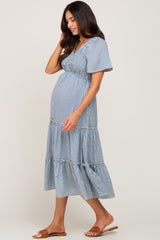 Blue Gingham Print Smocked Tiered Maternity Midi Dress