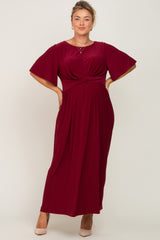 Burgundy Gathered Front Maternity Plus Maxi Dress