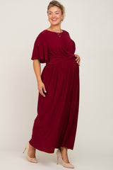 Burgundy Gathered Front Maternity Plus Maxi Dress