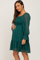 Forest Green Metallic Stripe Smocked Maternity Dress