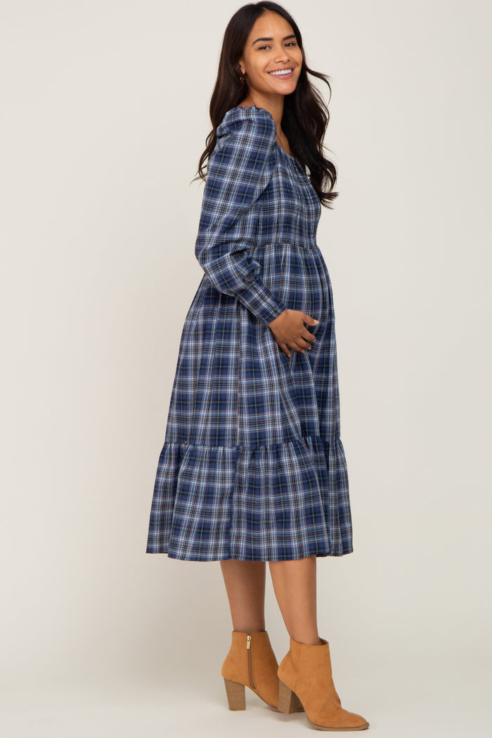 Navy Plaid Puff Sleeve Maternity Midi Dress