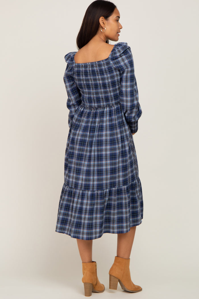 Navy Plaid Puff Sleeve Maternity Midi Dress