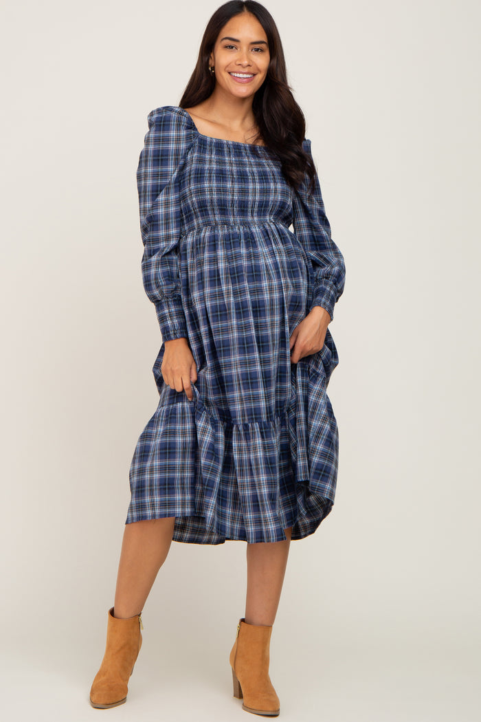 Navy Plaid Puff Sleeve Maternity Midi Dress