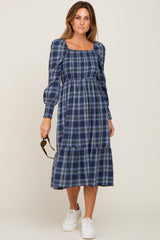 Navy Plaid Puff Sleeve Midi Dress