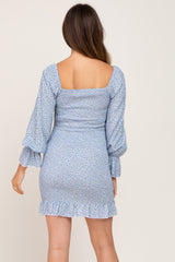 Light Blue Ditsy Floral Smocked Long Sleeve Maternity Mini Dress