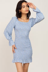 Light Blue Ditsy Floral Smocked Long Sleeve Maternity Mini Dress