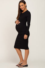 Black Ribbed Long Sleeve Maternity Midi Dress