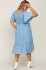 Blue Smocked Ruffle Hem Plus Maternity Midi Dress