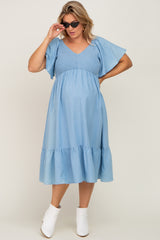 Blue Smocked Ruffle Hem Plus Maternity Midi Dress