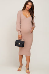 Taupe Ribbed Knit Long Sleeve Fitted Maternity Dress