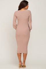 Taupe Ribbed Knit Long Sleeve Fitted Maternity Dress