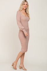 Taupe Ribbed Knit Long Sleeve Fitted Dress