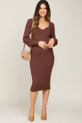 Brown Ribbed Knit Long Sleeve Fitted Maternity Dress