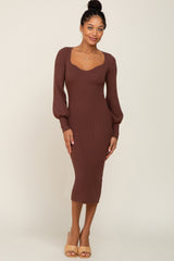 Brown Ribbed Knit Long Sleeve Fitted Dress