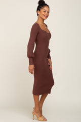 Brown Ribbed Knit Long Sleeve Fitted Dress