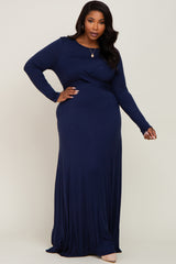 Navy Front Twist Long Sleeve Maternity Plus Maxi Dress