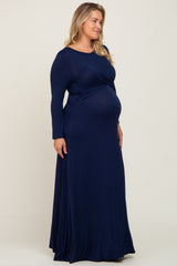 Navy Front Twist Long Sleeve Maternity Plus Maxi Dress