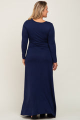 Navy Front Twist Long Sleeve Maternity Plus Maxi Dress