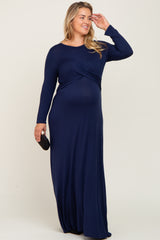 Navy Front Twist Long Sleeve Maternity Plus Maxi Dress