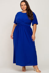 Royal Blue Gathered Front Maternity Plus Maxi Dress