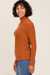 Rust Ribbed Ruffle Trim Mock Neck Top