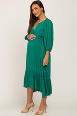 Green Button Accent Hi-Lo Maternity Midi Dress