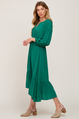 Green Button Accent Hi-Lo Midi Dress