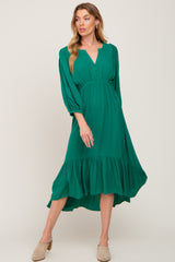 Green Button Accent Hi-Lo Midi Dress