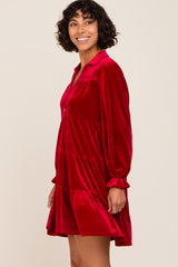 Red Velvet Long Sleeve Tiered Collared Dress