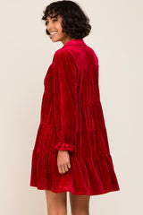 Red Velvet Long Sleeve Tiered Collared Dress