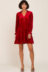 Red Velvet Long Sleeve Tiered Collared Dress