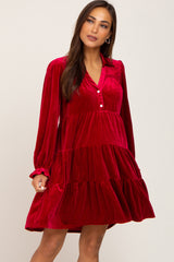 Red Velvet Long Sleeve Tiered Collared Maternity Dress