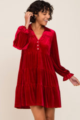 Red Velvet Long Sleeve Tiered Collared Maternity Dress