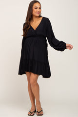 Black V-Neck Cinched Maternity Dress