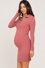 Mauve Ribbed Collared Long Sleeve Maternity Dress