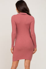 Mauve Ribbed Collared Long Sleeve Maternity Dress