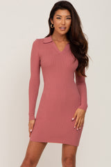 Mauve Ribbed Collared Long Sleeve Maternity Dress