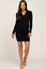 Black Ribbed Collared Long Sleeve Maternity Dress