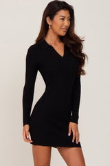 Black Ribbed Collared Long Sleeve Dress