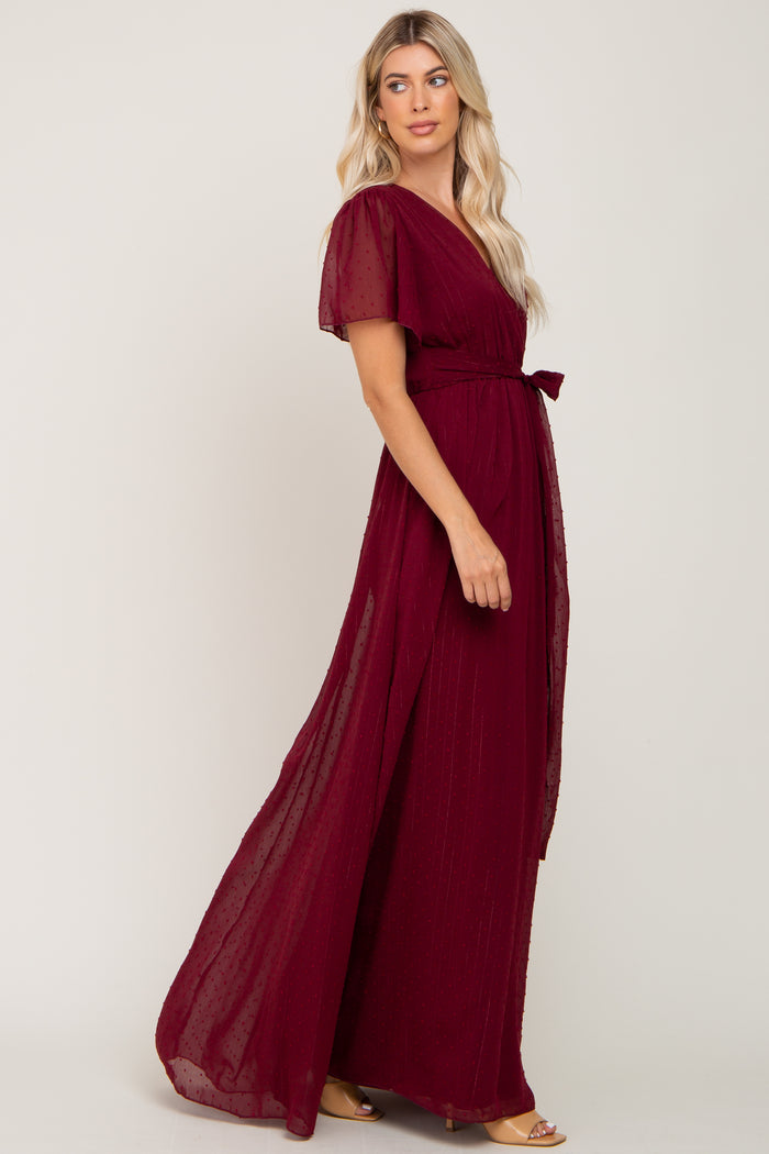 Burgundy Swiss Dot Chiffon Maxi Dress