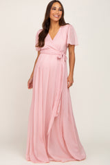 Light Pink Metallic Shimmer Chiffon Maternity Maxi Dress