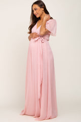 Light Pink Metallic Shimmer Chiffon Maternity Maxi Dress