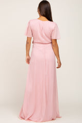 Light Pink Metallic Shimmer Chiffon Maternity Maxi Dress