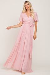 Light Pink Metallic Shimmer Chiffon Maternity Maxi Dress