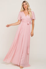 Light Pink Metallic Shimmer Chiffon Maxi Dress