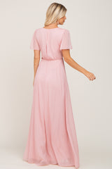 Light Pink Metallic Shimmer Chiffon Maxi Dress