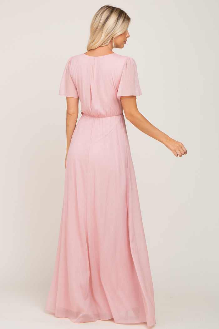Light Pink Metallic Shimmer Chiffon Maxi Dress