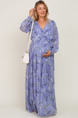 Periwinkle Floral Chiffon Long Sleeve Pleated Maternity Plus Maxi Dress